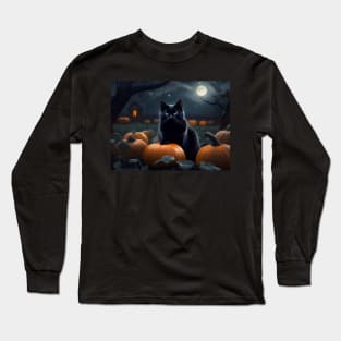 Black cat in a pumpkin patch at midnight Long Sleeve T-Shirt